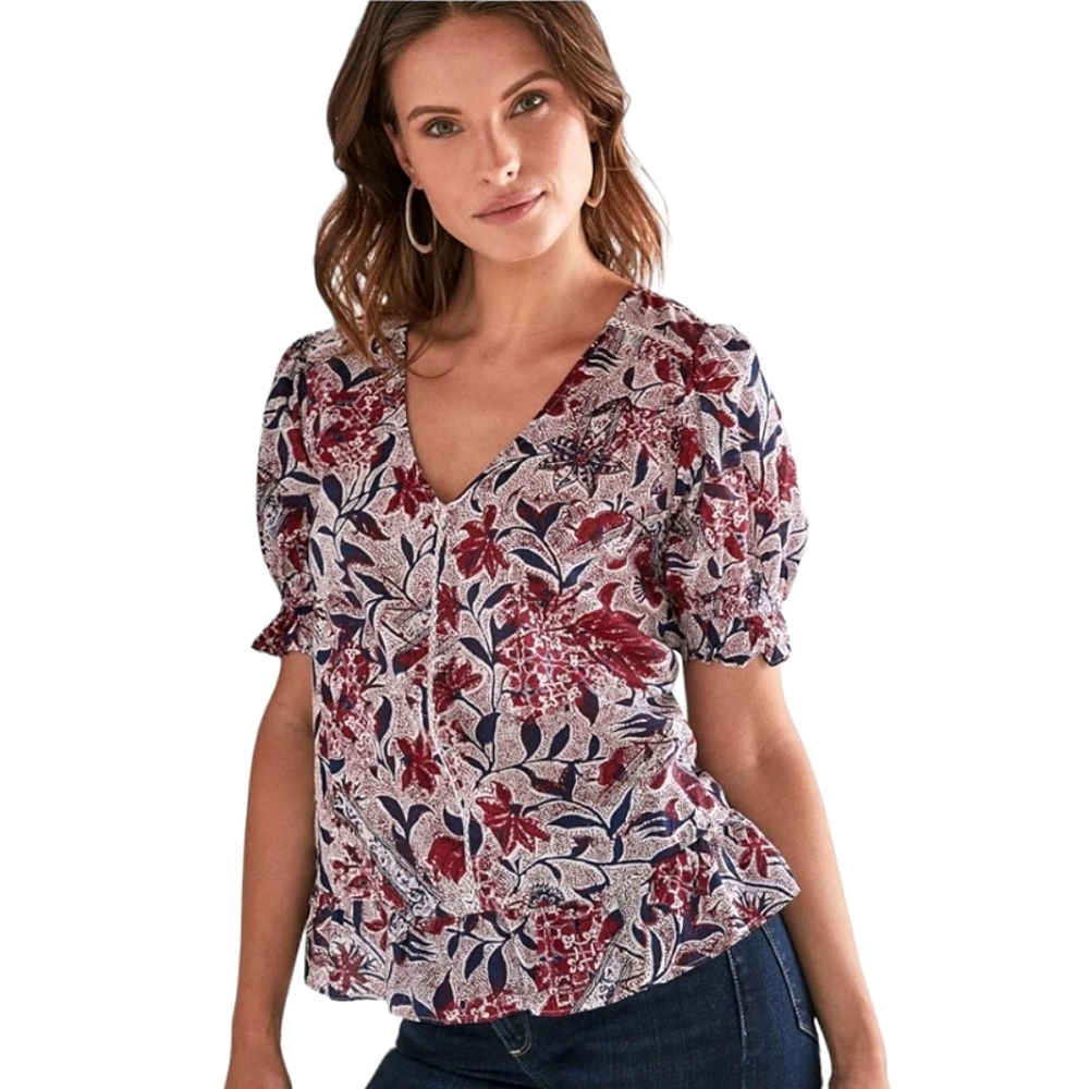 Lucky Brand floral puff sleeve cotton top (small)  Deep red & navy